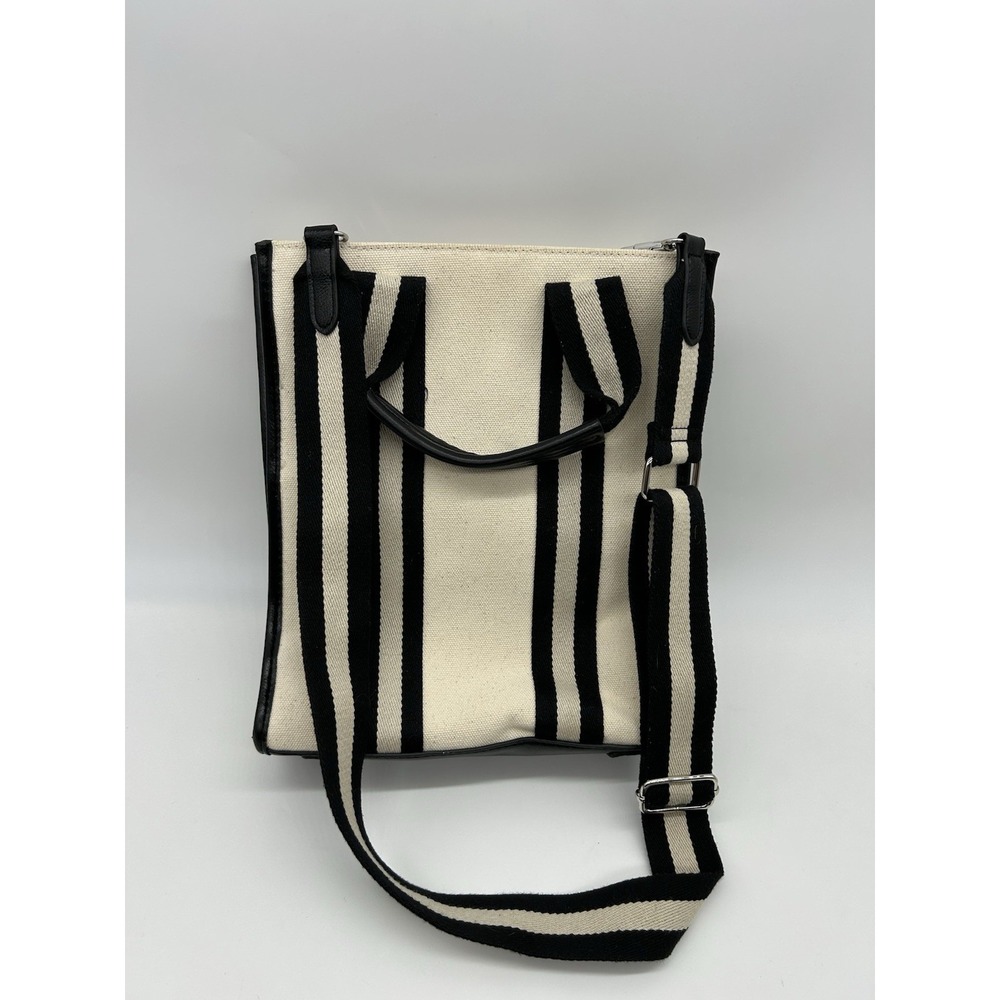 BCBGMAXAZRIA Canvas Striped Crossbody Tote‎ Bag Cream Black Stripe Purse Small